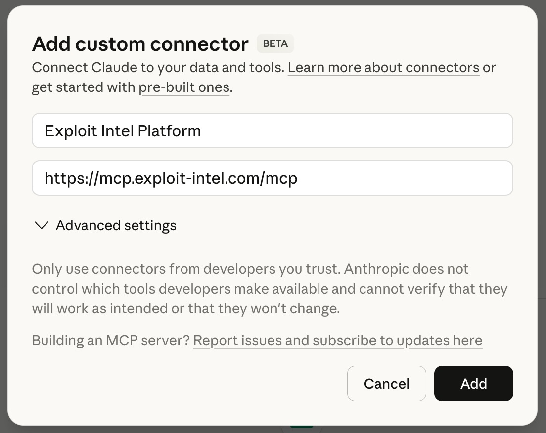 Claude connector setup showing the endpoint URL